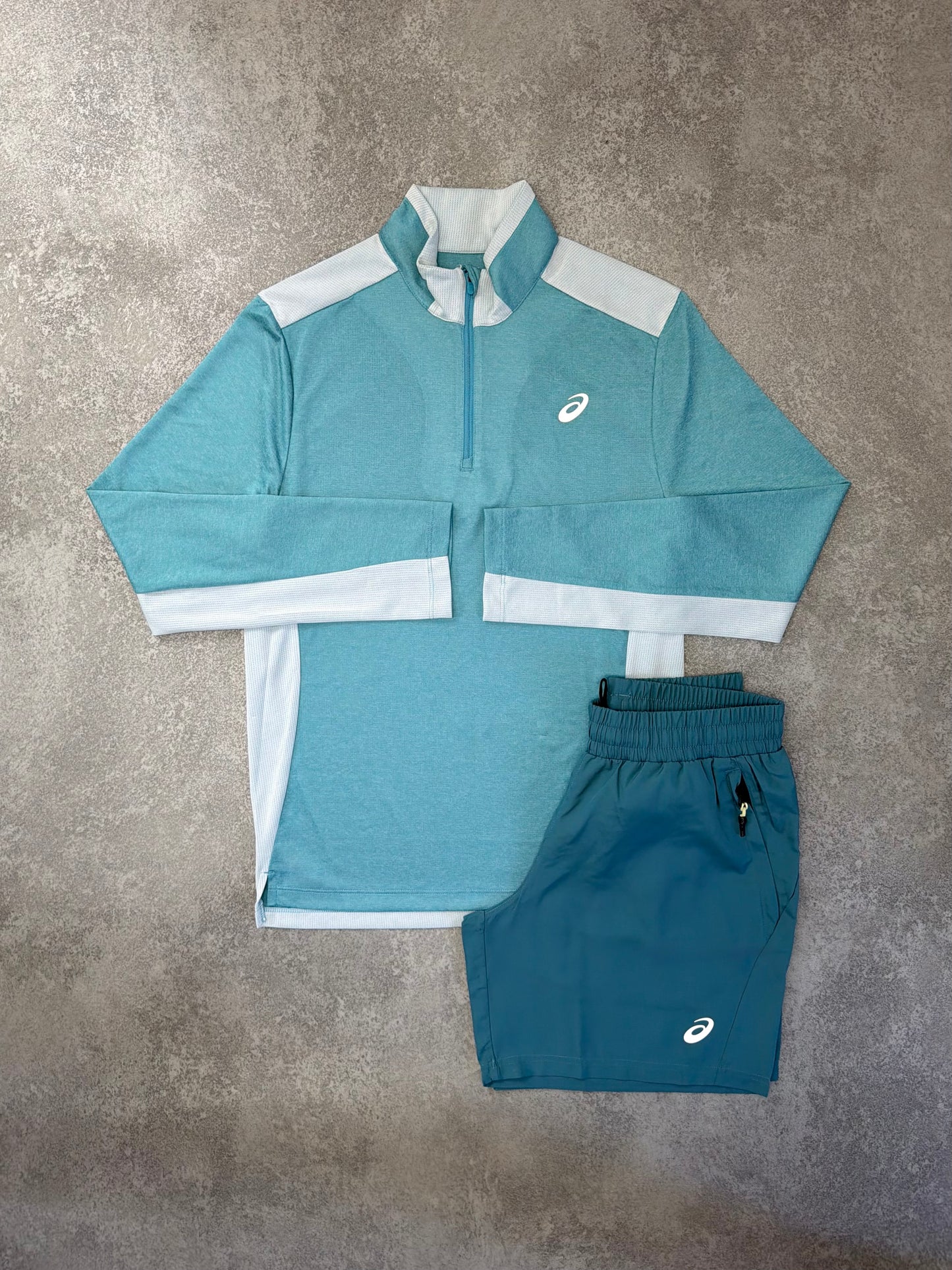 ASICS BLUE HALF ZIP SHORT SET